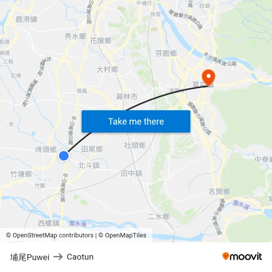 Puwei to Caotun map