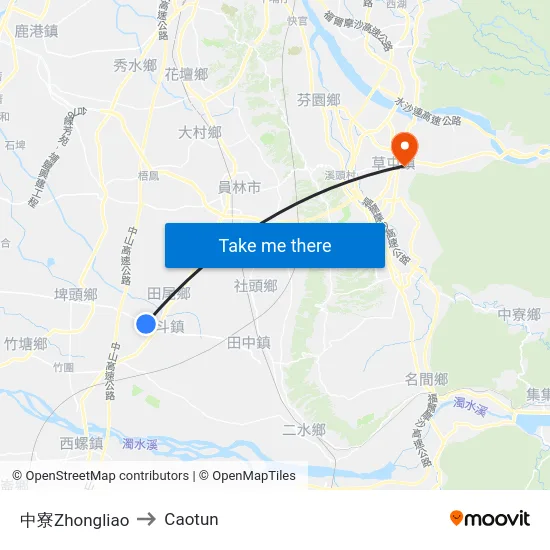 Zhongliao to Caotun map