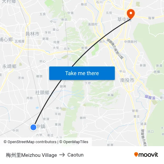 Meizhou Village to Caotun map
