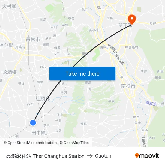 THSR Changhua Station to Caotun map