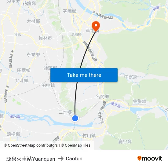 Yuanquan to Caotun map