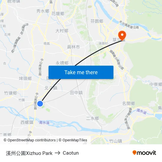Xizhuo Park to Caotun map