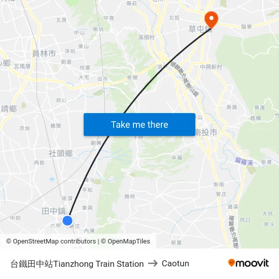 Tianzhong Train Station to Caotun map