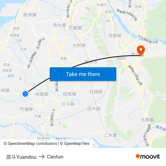 Yuandou to Caotun map