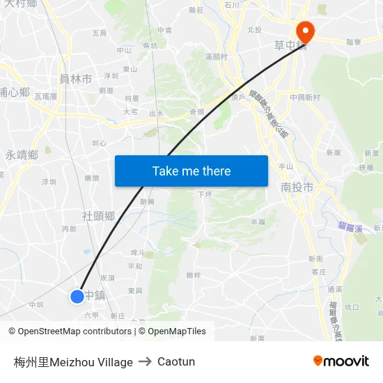 Meizhou Village to Caotun map