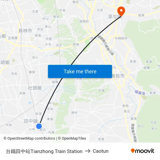 Tianzhong Train Station to Caotun map