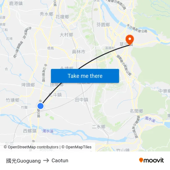 Guoguang to Caotun map