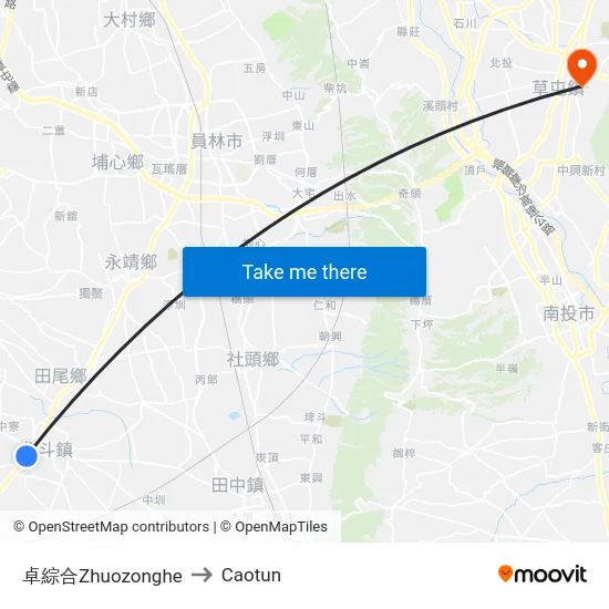 Zhuozonghe to Caotun map
