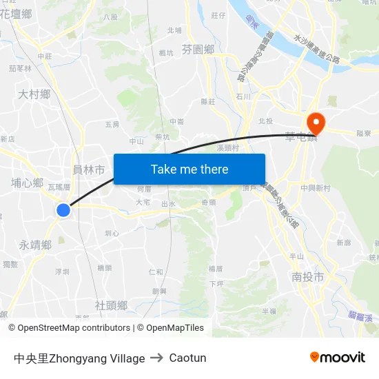 Zhongyang Village to Caotun map