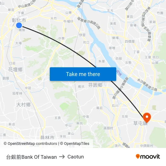 台銀前Bank Of Taiwan to Caotun map