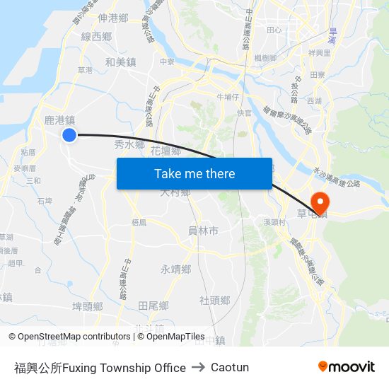 福興公所Fuxing Township Office to Caotun map