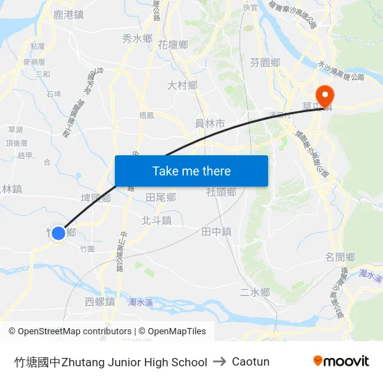竹塘國中Zhutang Junior High School to Caotun map