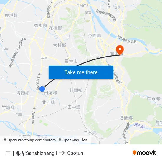 Sanshizhangli to Caotun map