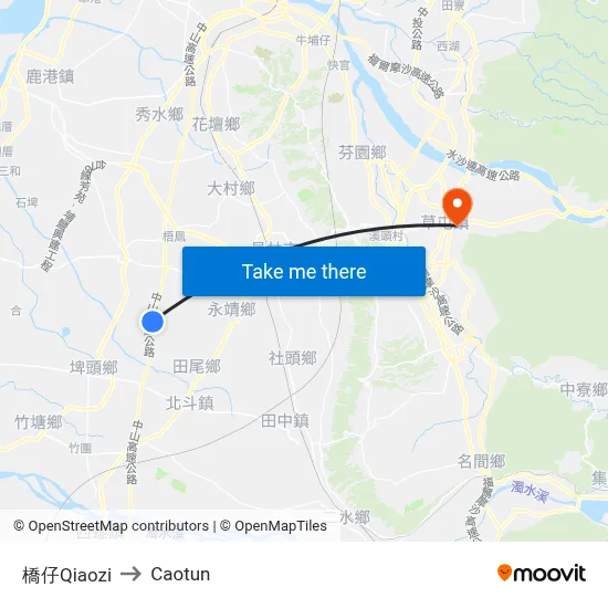 Qiaozi to Caotun map