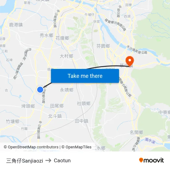 Sanjiaozi to Caotun map