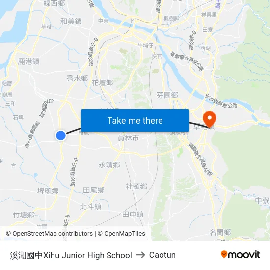Xihu Junior High School to Caotun map