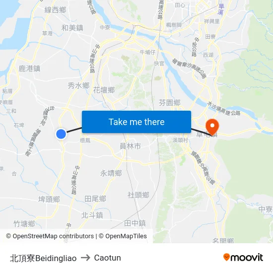 北頂寮Beidingliao to Caotun map