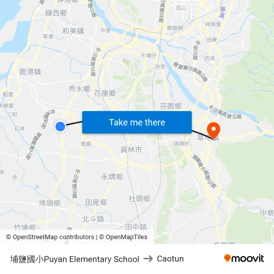 Puyan Elementary School to Caotun map