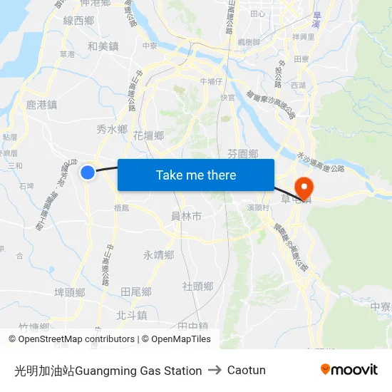 光明加油站Guangming Gas Station to Caotun map