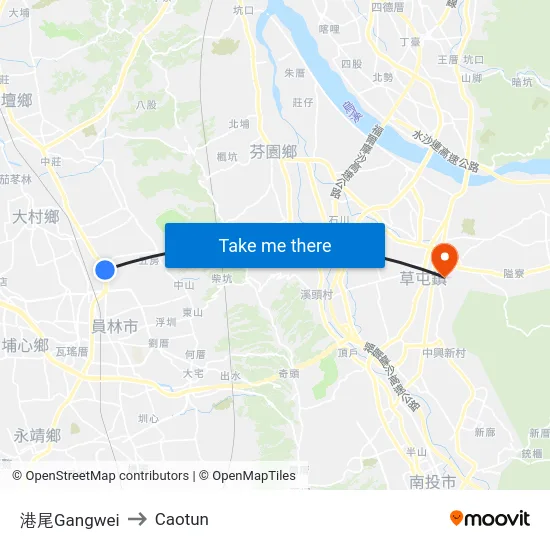 港尾Gangwei to Caotun map