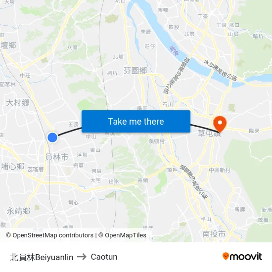 北員林Beiyuanlin to Caotun map