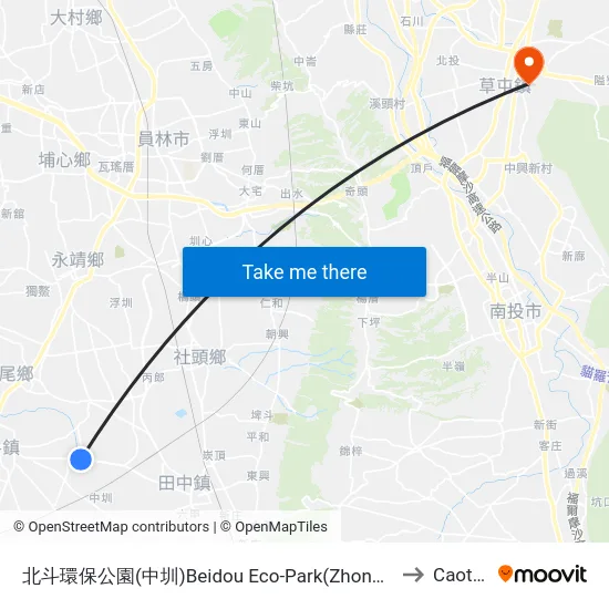 Beidou Eco-Park (Zhongzun) to Caotun map
