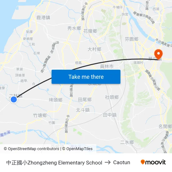 中正國小Zhongzheng Elementary School to Caotun map