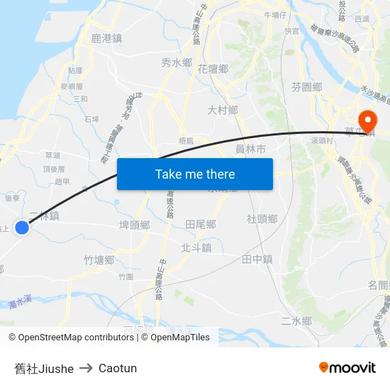 Jiushe to Caotun map