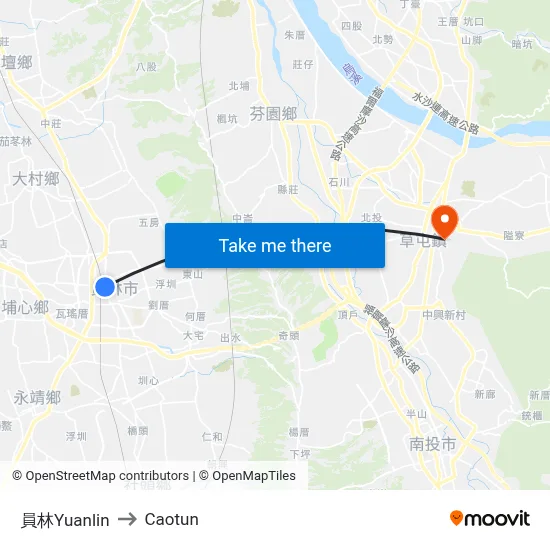 Yuanlin to Caotun map