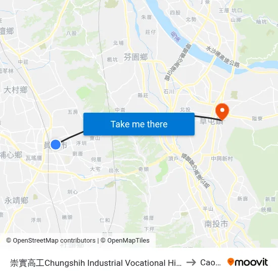 Chungshih Industrial Vocational High School to Caotun map