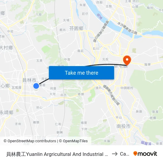 Yuanlin Agricultural and Industrial Vocational High School to Caotun map