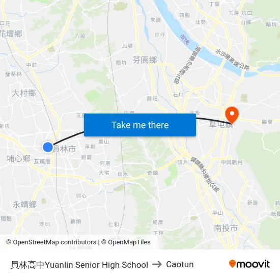 Yuanlin Senior High School to Caotun map