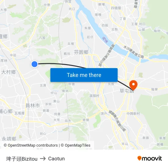 Bizitou to Caotun map