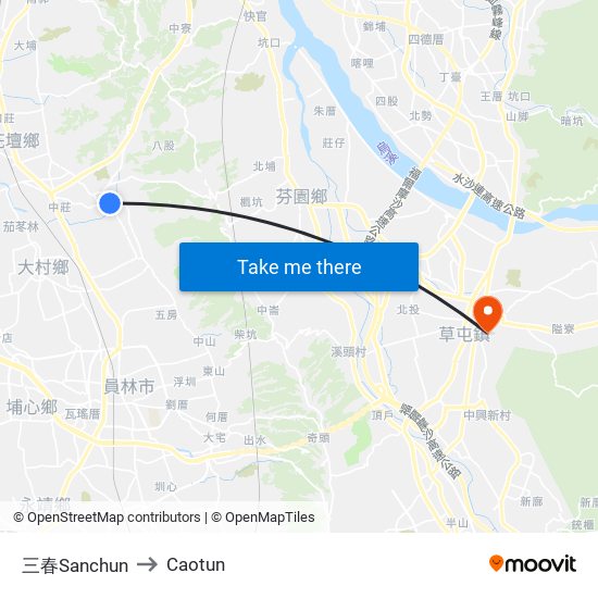 三春Sanchun to Caotun map