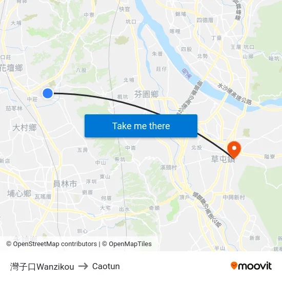 Wanzikou to Caotun map