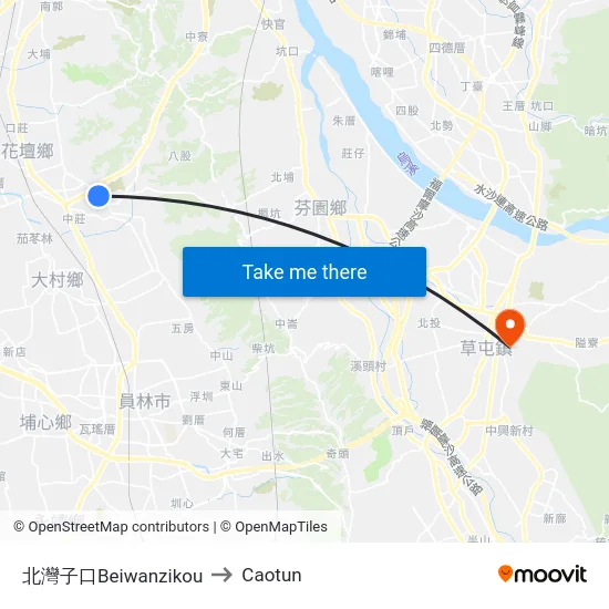 北灣子口Beiwanzikou to Caotun map