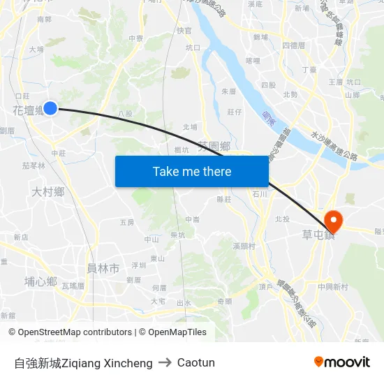 Ziqiang New City to Caotun map