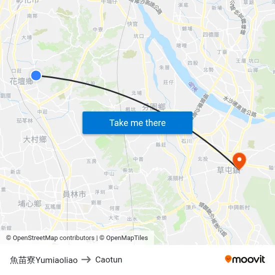 Yumiaoliao to Caotun map
