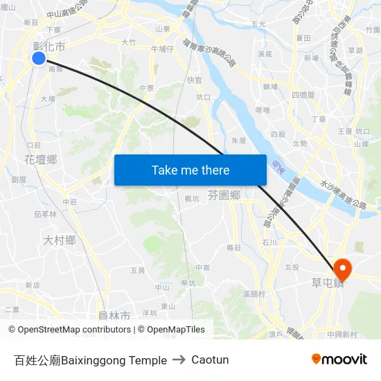 Baixinggong Temple to Caotun map