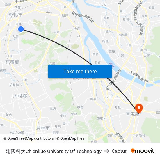 建國科大Chienkuo University Of Technology to Caotun map