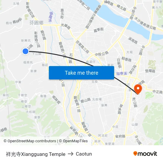 Xiangguang Temple to Caotun map