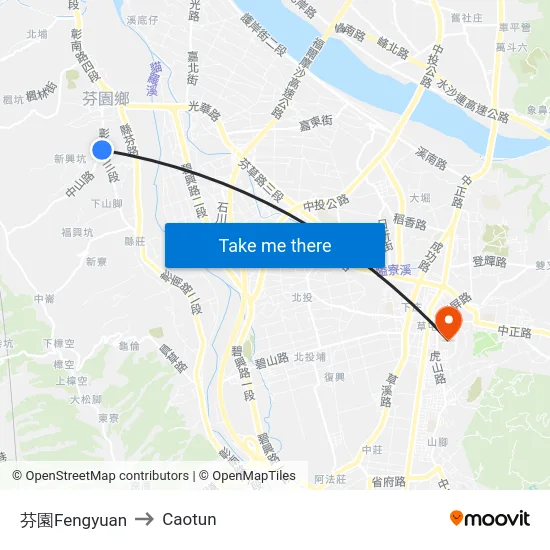 Fengyuan to Caotun map
