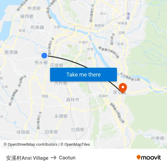Anxi Village to Caotun map