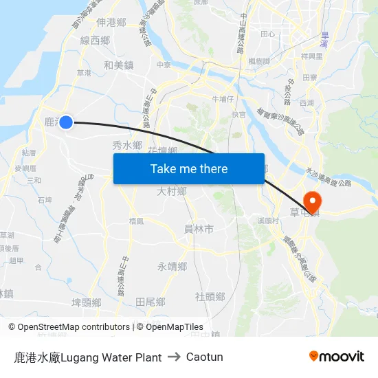 Lugang Water Plant to Caotun map