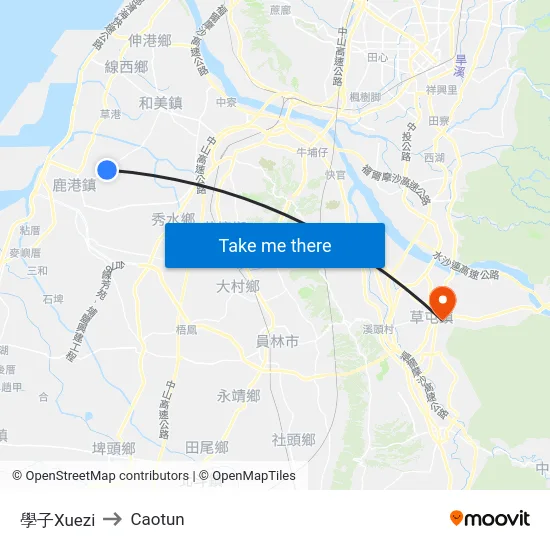 Xuezi to Caotun map