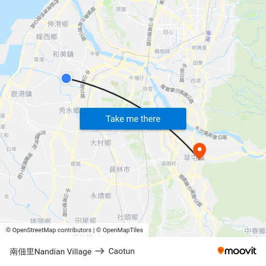 Nandian Village to Caotun map