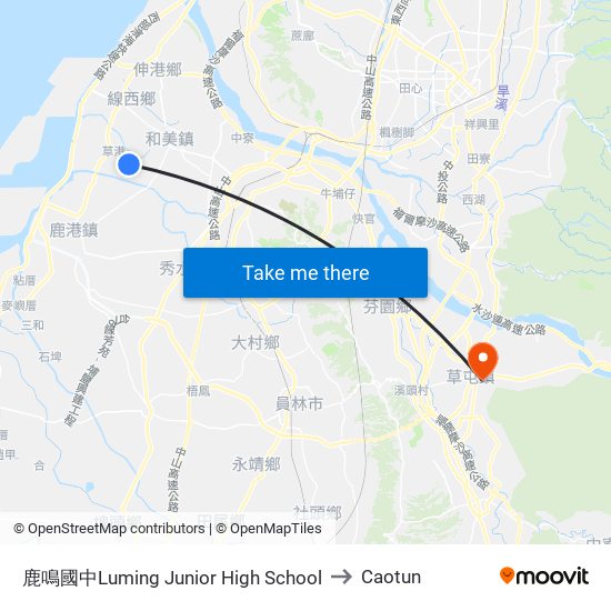 鹿鳴國中Luming Junior High School to Caotun map