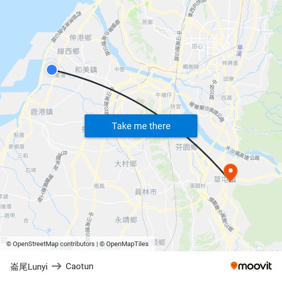 崙尾Lunyi to Caotun map