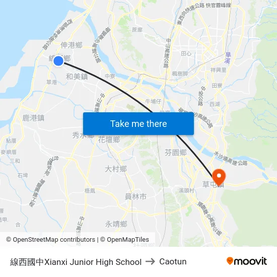 Xianxi Junior High School to Caotun map