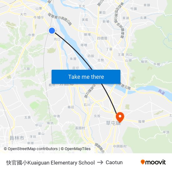 快官國小Kuaiguan Elementary School to Caotun map